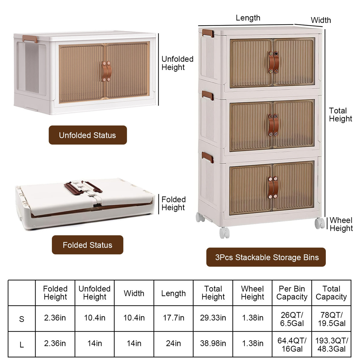 Storage Bins, Foldable 3-Pack with Lid, Wheels and Magnetic Doors – image 3