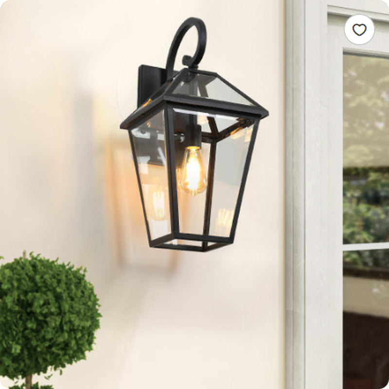 21 Inch Outdoor Wall Lantern, Black Aluminum and Clear Glass Sconce