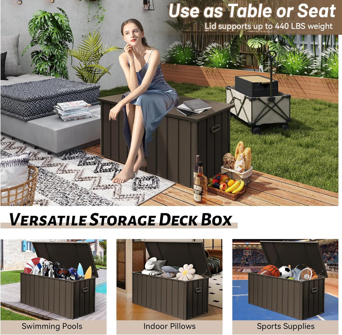 190 Gallon Steel Deck Box with Lock, Wheels and Soft-Close Lid – image 5