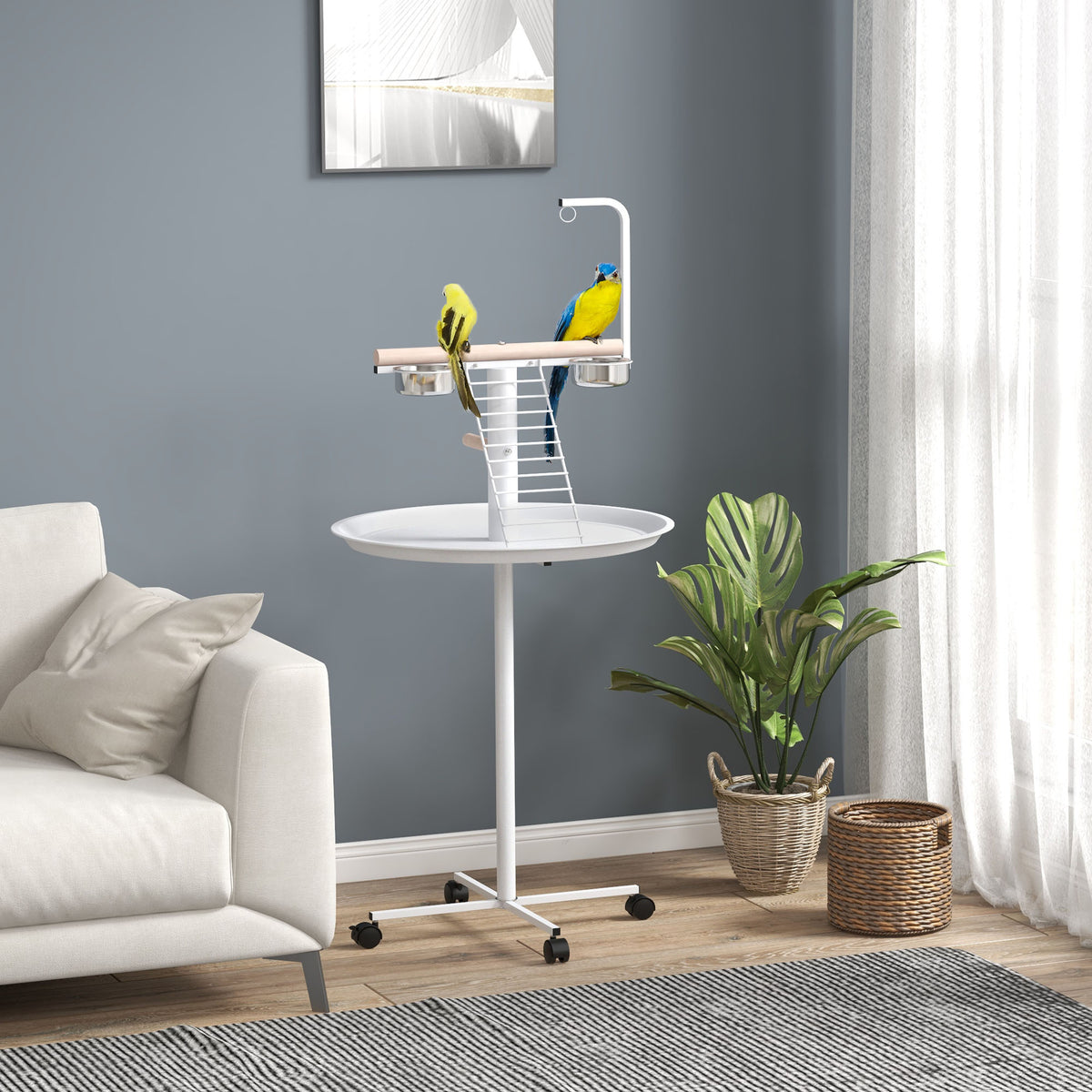 Rolling Parrot Play Stand with Perches, Feed Bowls and Tray – image 2
