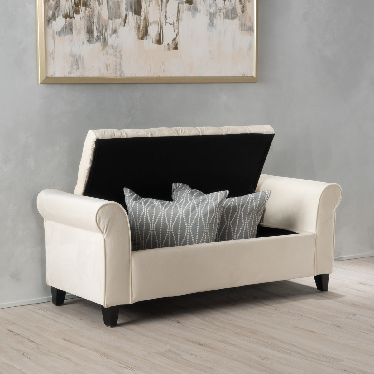 Tufted Storage Bench with Rolled Arms, 50 in Ivory Fabric – image 3