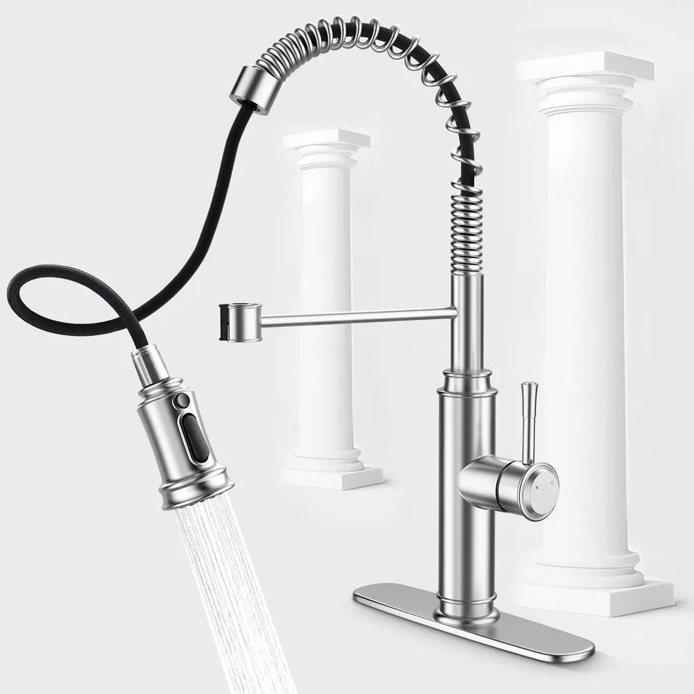 Spring Kitchen Sink Faucet, 3-Mode Pull-Down Sprayer, Brushed Nickel