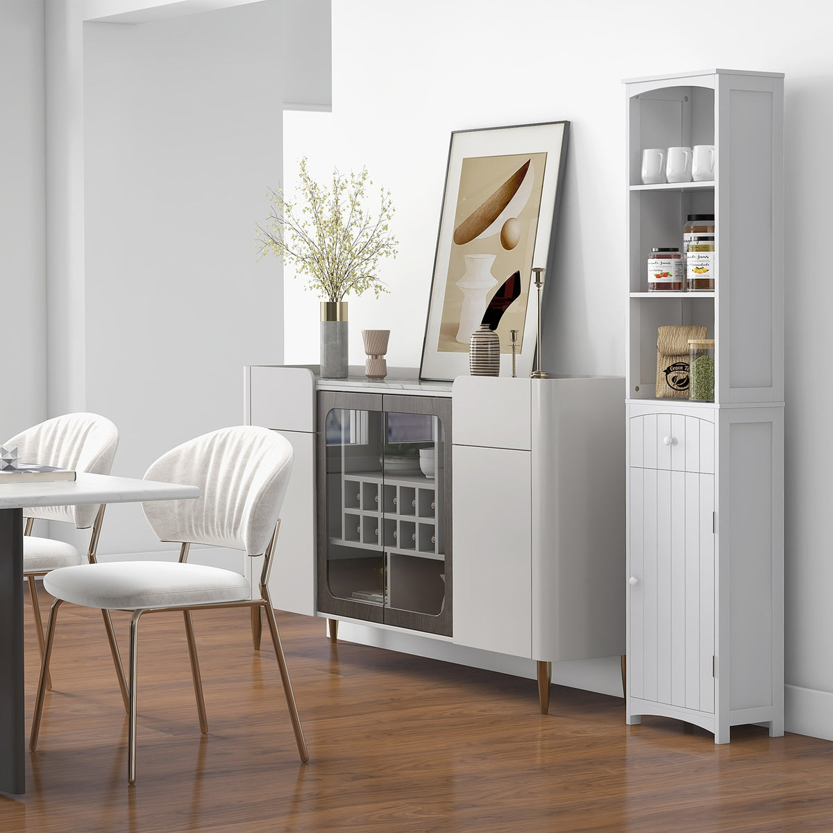 Tall Linen Tower Cabinet with 3 Shelves and Drawer, White – image 7
