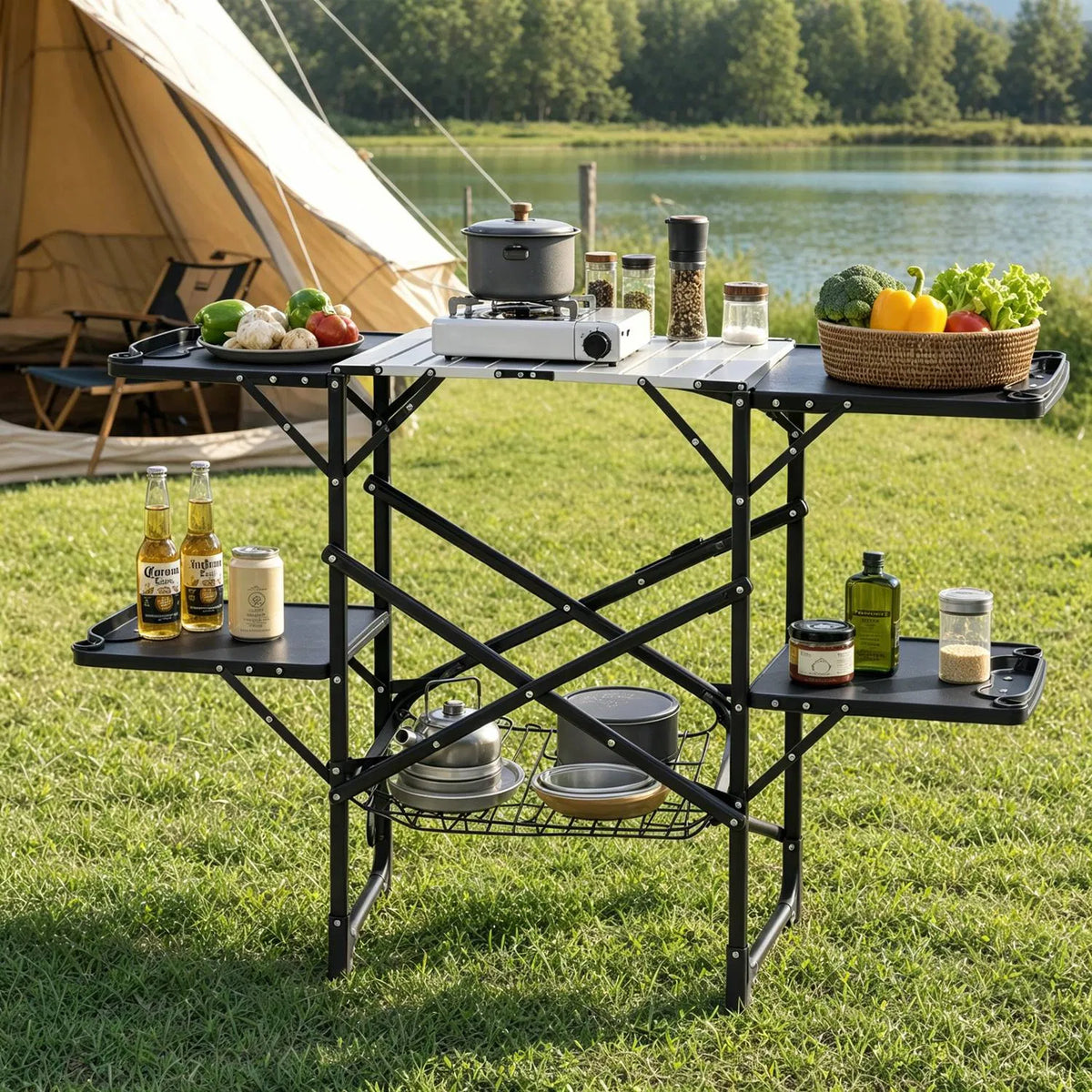 Folding Camp Kitchen Prep Station with Side Shelves and Storage Rack – image 2
