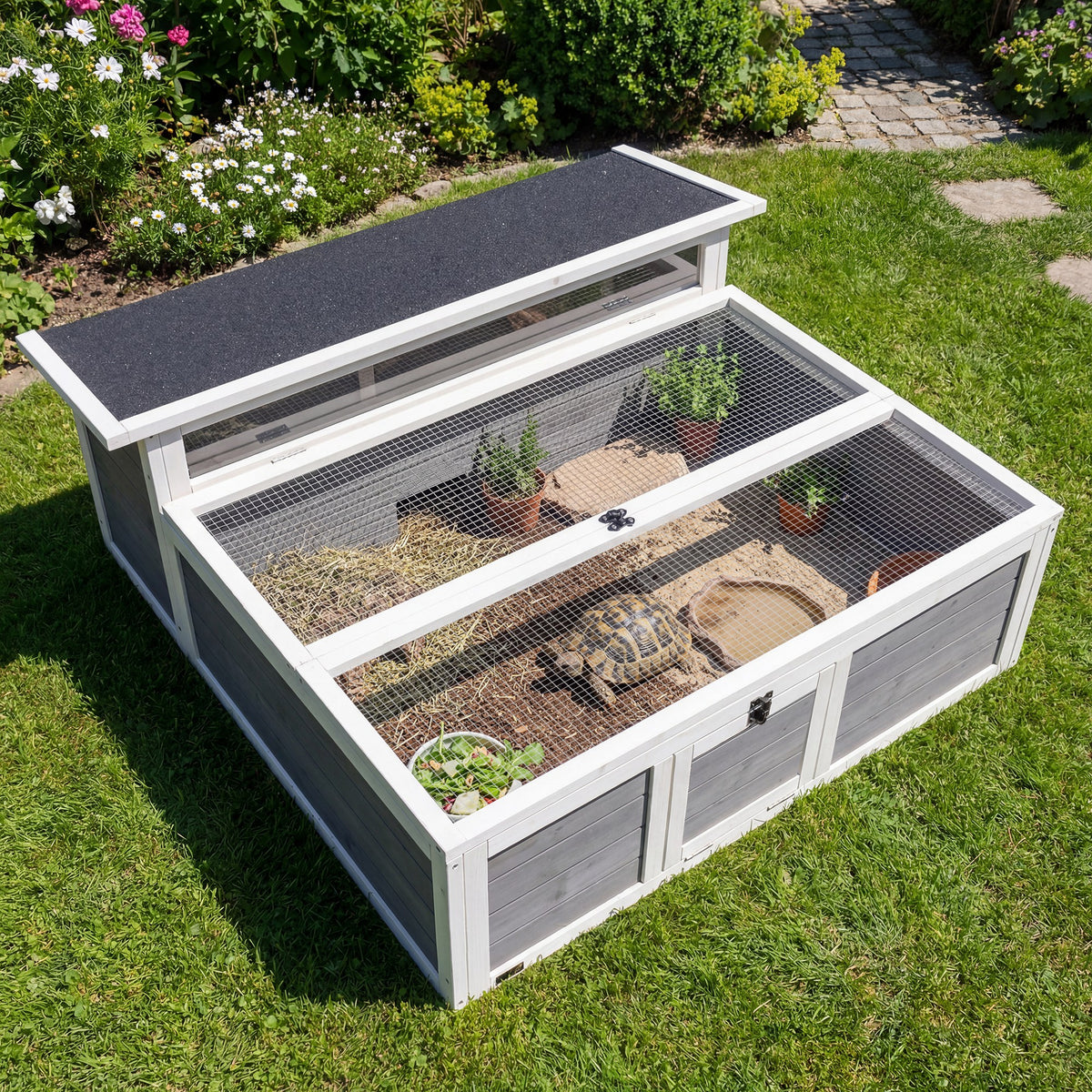 Wooden Tortoise House with Run Area, Openable Top and Clear Window – image 2