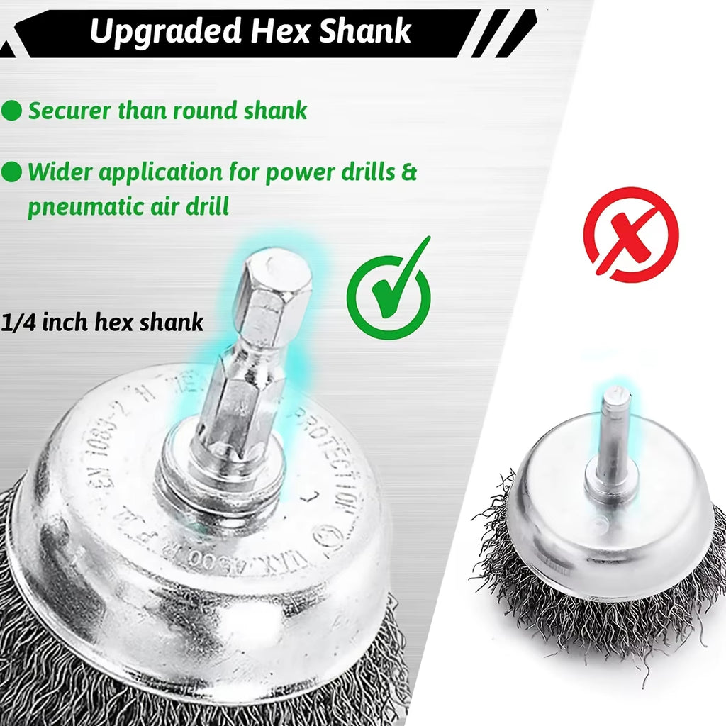 Wire Brush Wheel Set for Drill – 1/4 in Hex Shank, 3 or 10 Pcs – image 4