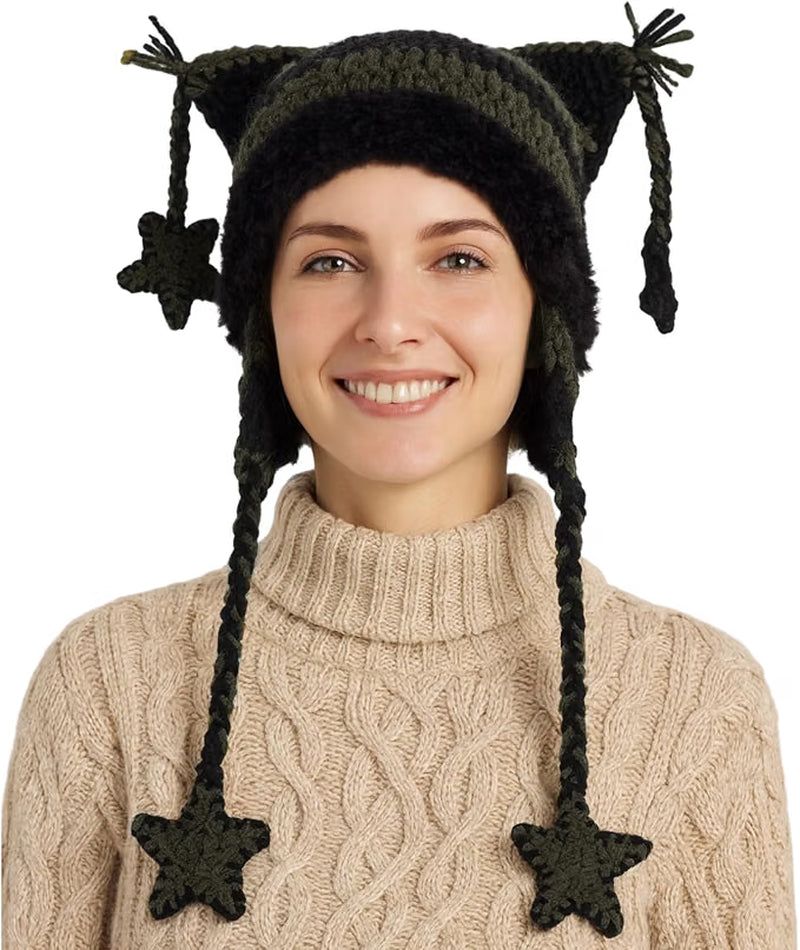 Cat Ear Crochet Beanie – Black & Green Striped Slouchy Hat – image 2