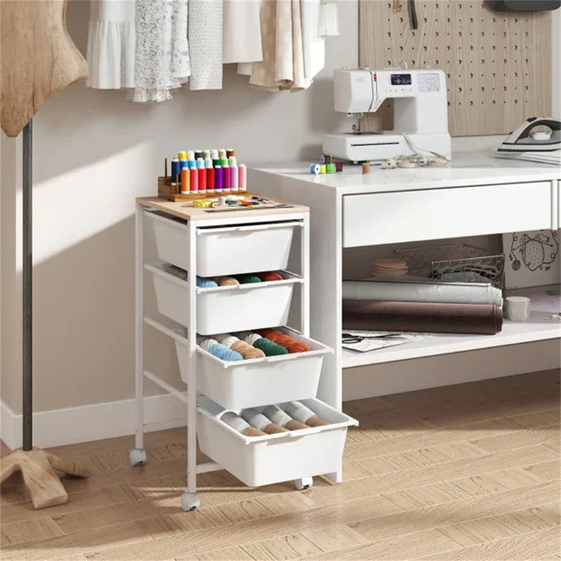 4-Drawer Rolling Craft Cart with Wood Top, Natural & White – image 3