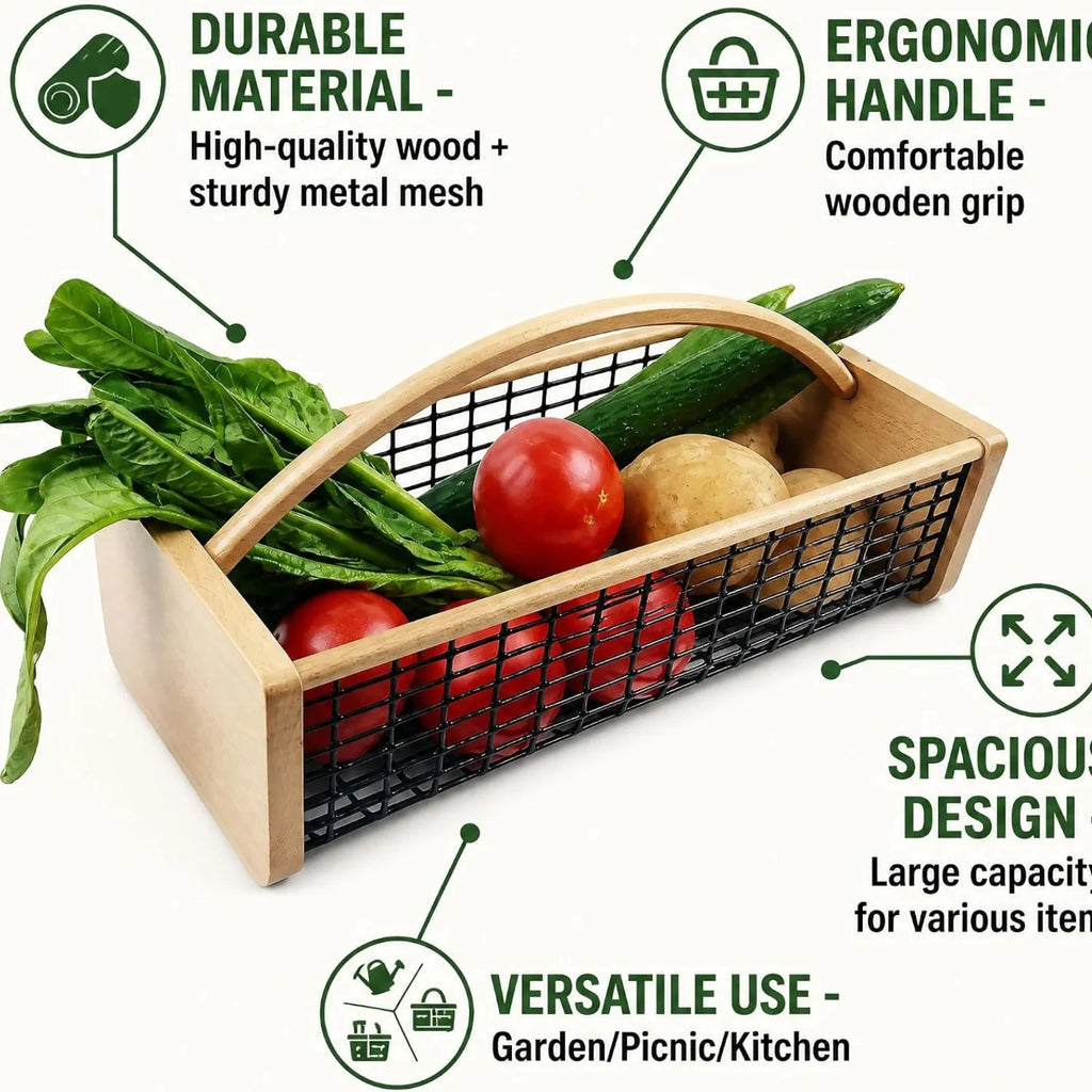 Garden Hod Harvest Basket - Wooden Vegetable Basket with Metal Mesh – image 5