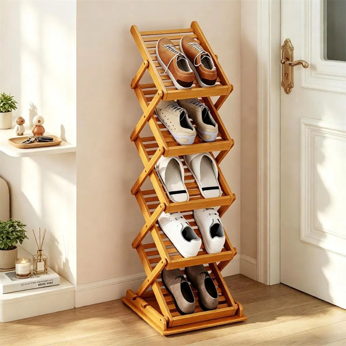 Foldable Bamboo Magazine Rack, 5-Pocket Brochure Display Stand, Walnut – image 8