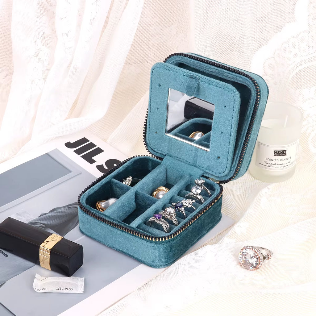 Velvet Travel Jewelry Box with Mirror – Quilted Rhombus Case – image 5