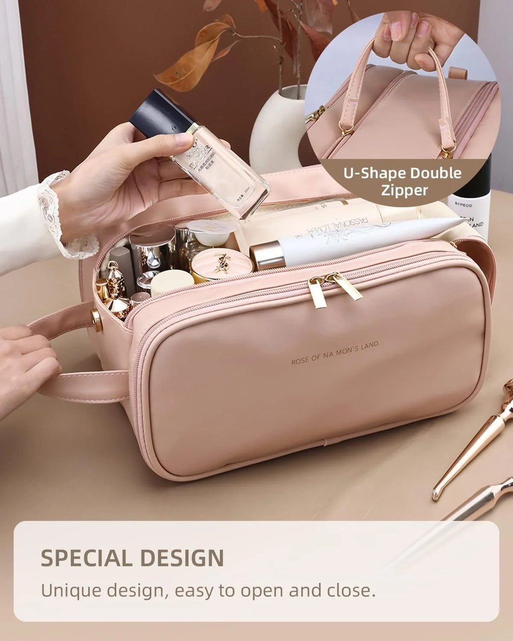 Travel Makeup Bag – Large Wide-Open PU Cosmetic Organizer, Pink – image 2