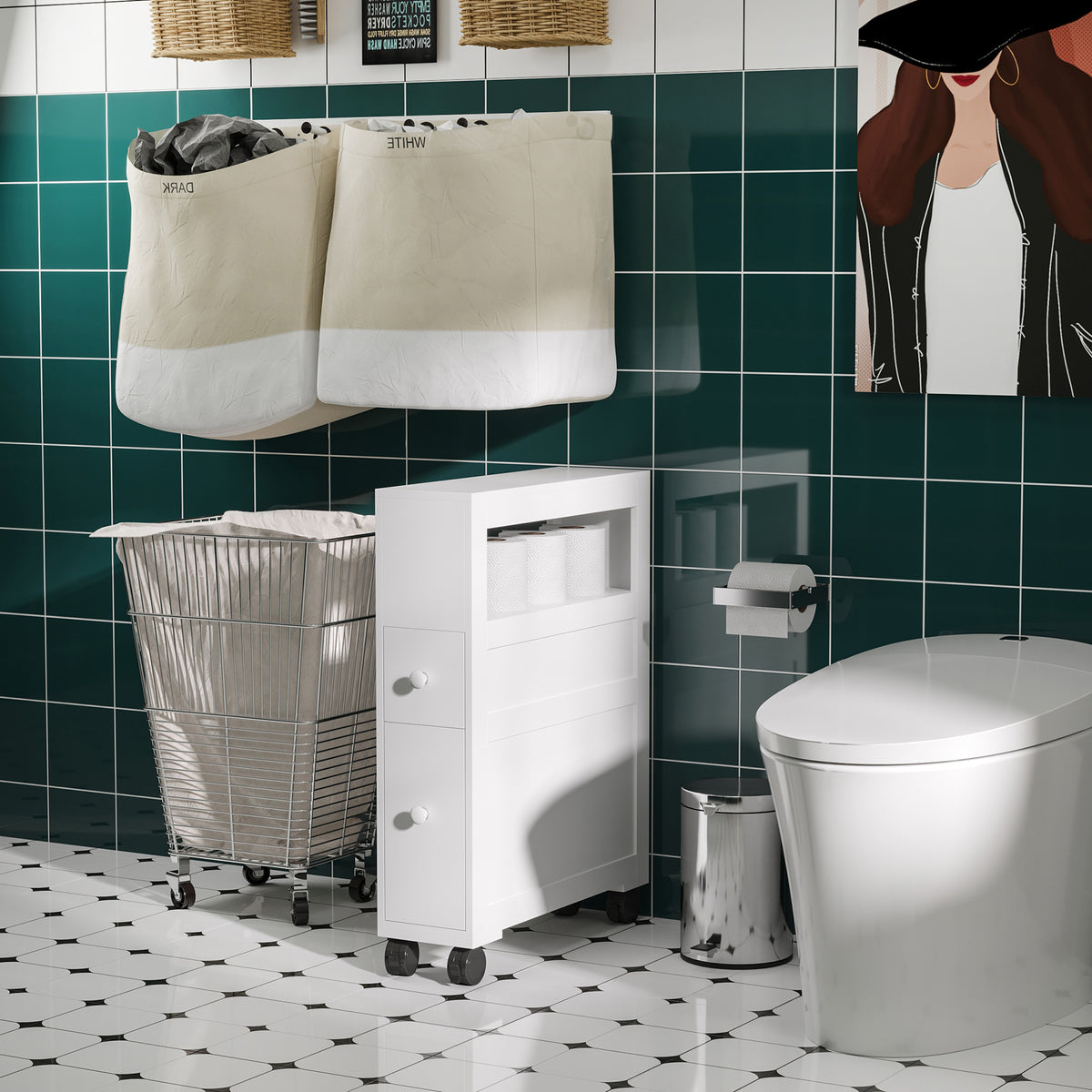 Narrow Rolling Bathroom Storage Cabinet 6.25 in Wide, White – image 2