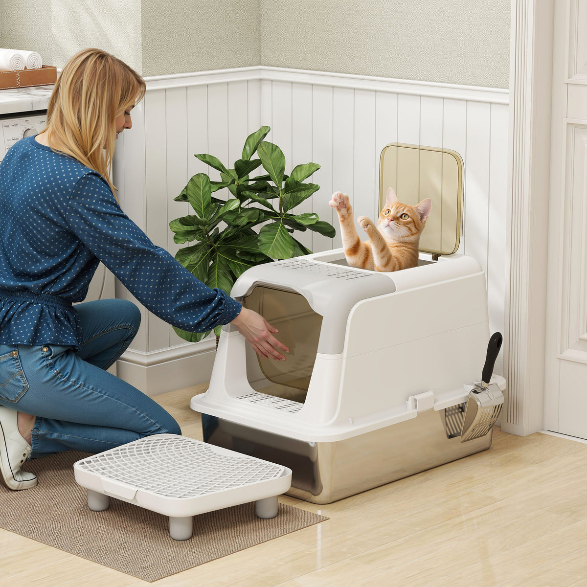 Stainless Steel Litter Box, Extra Large Enclosed with Scoop and Pedal – image 2