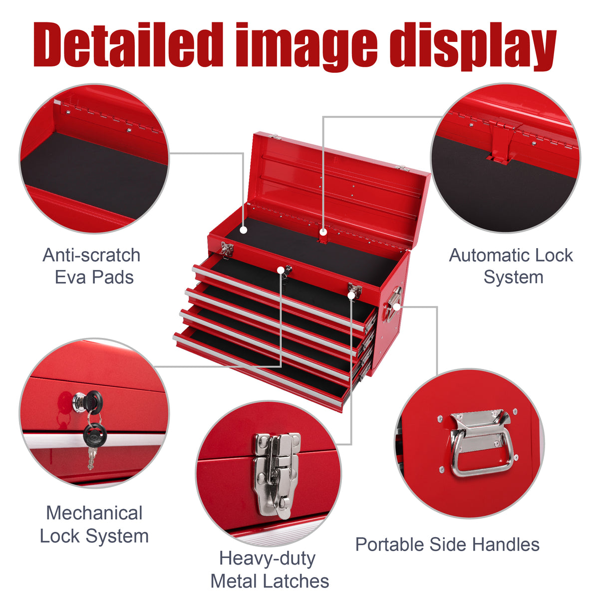 Metal Tool Box 21 in with 4 Drawers, Portable Locking Tool Chest, Red – image 7