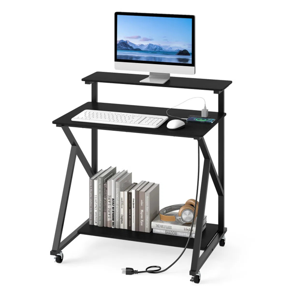 Rolling Computer Desk 32 in with Power Strip and Monitor Shelf – image 3