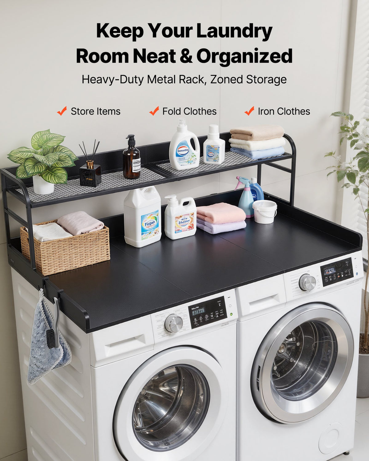 Washer Dryer Countertop with Shelf & 2 Hooks, 54 X 27.5 In, Black
