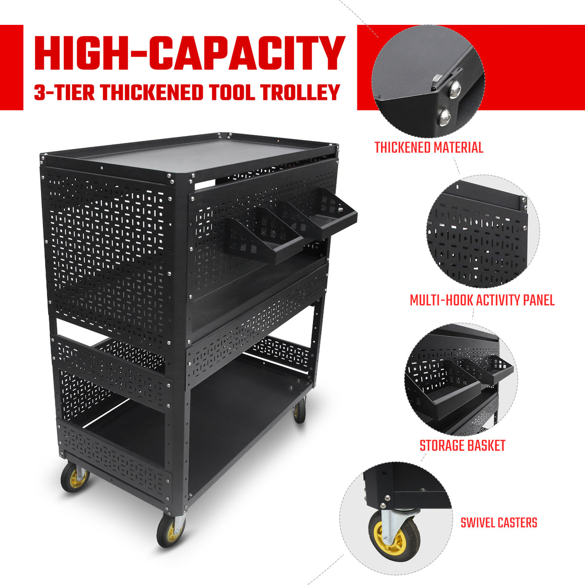 Rolling Tool Cart 3-Tier Steel with Pegboard Sides for Garage