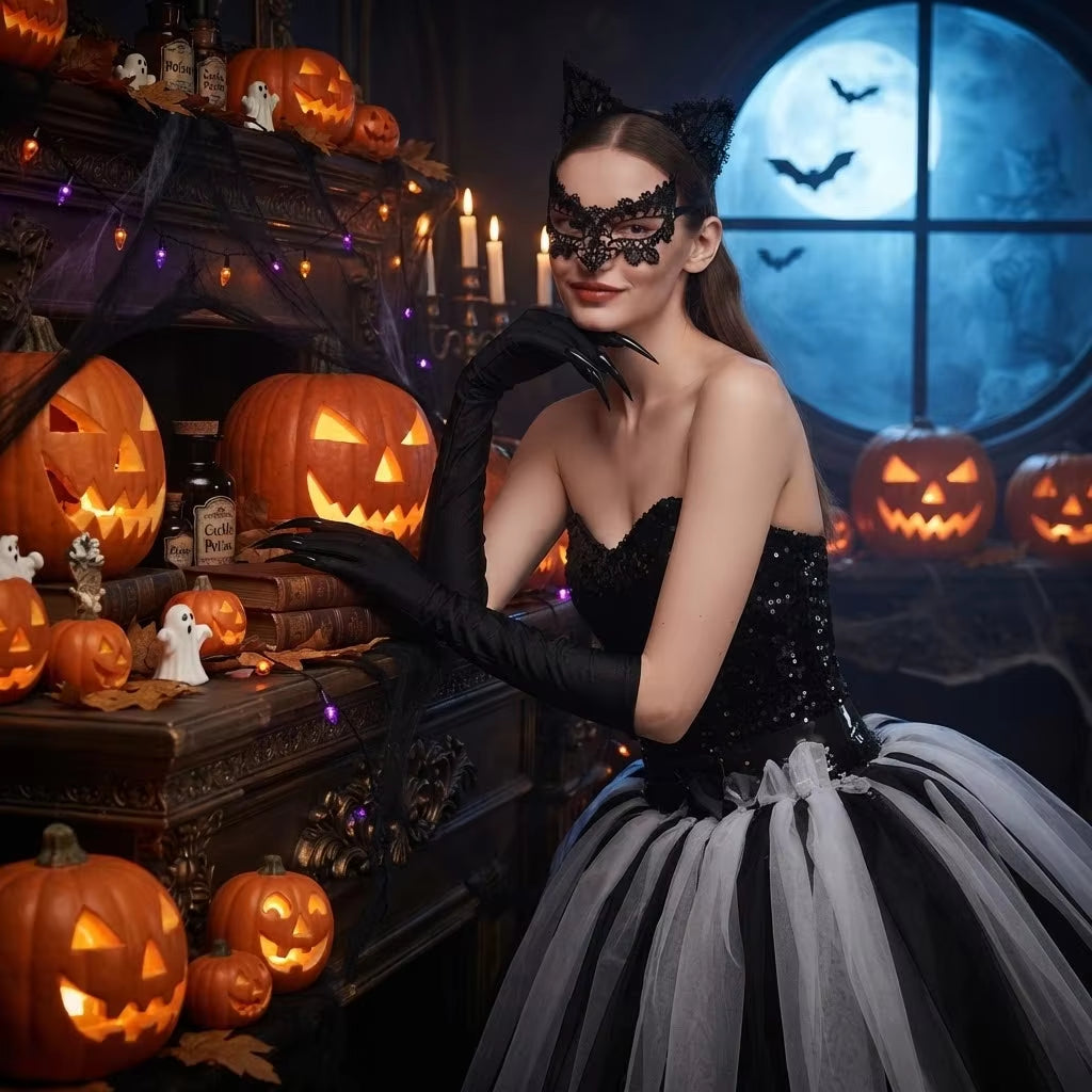 Black Cat Costume Accessories Set with Ears, Lace Mask, Claw Gloves – image 2