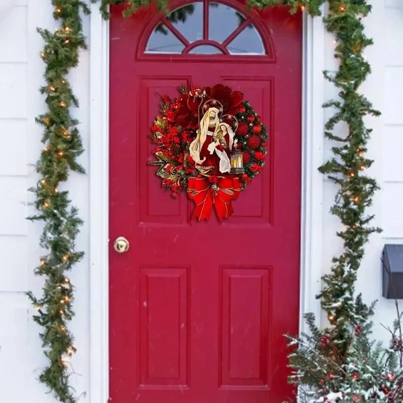 Christmas Lantern Wreath with Large Bow, 12 Inch Front Door Decor
