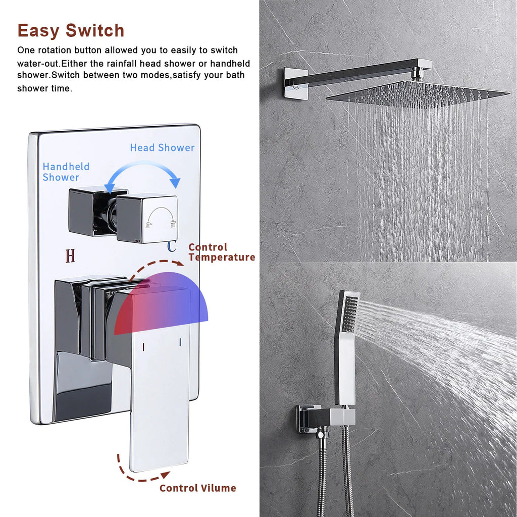 12 in Square Rain Shower Combo Set with Handheld & Rough-In Valve, Chrome
