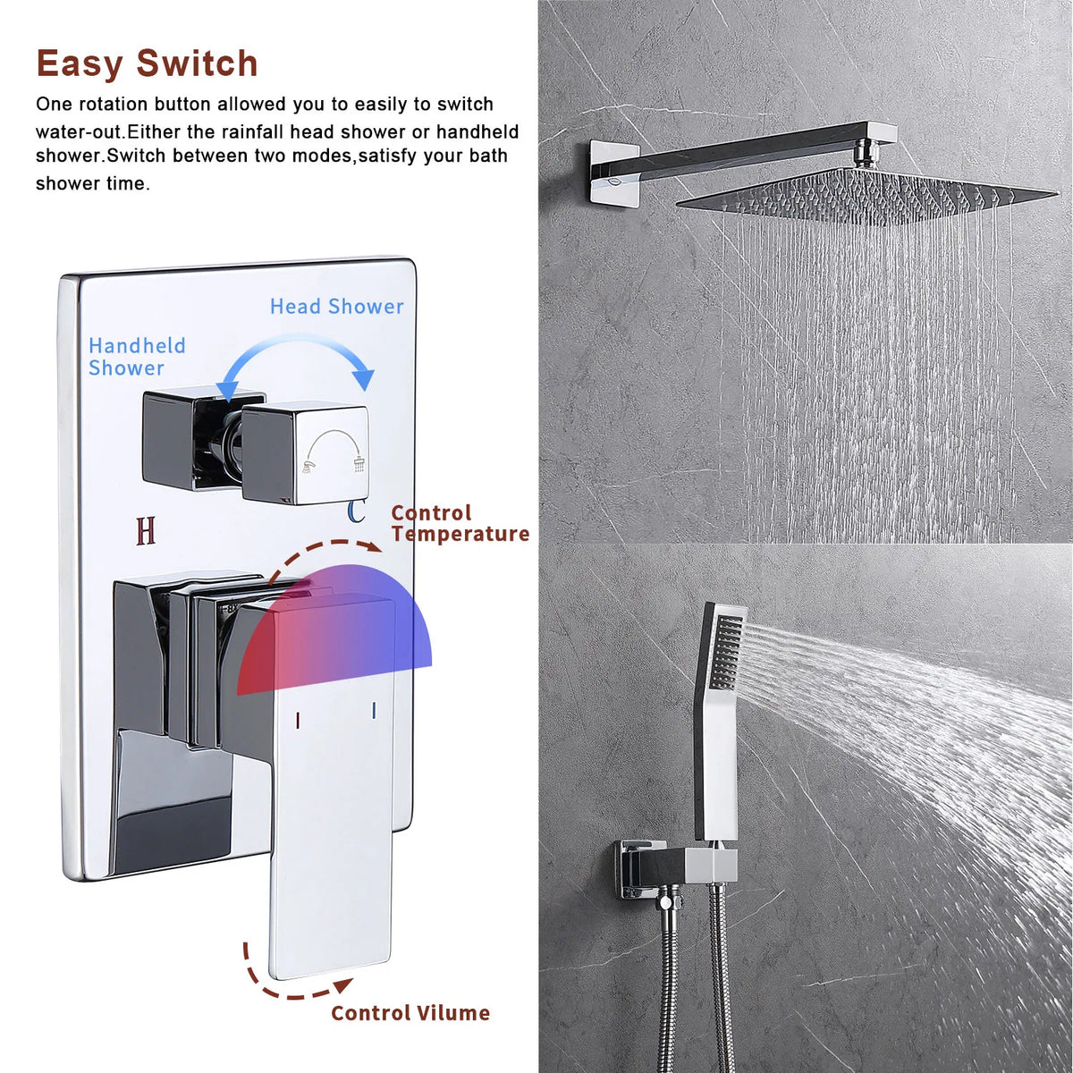 12 in Square Rain Shower Combo Set with Handheld & Rough-In Valve, Chrome