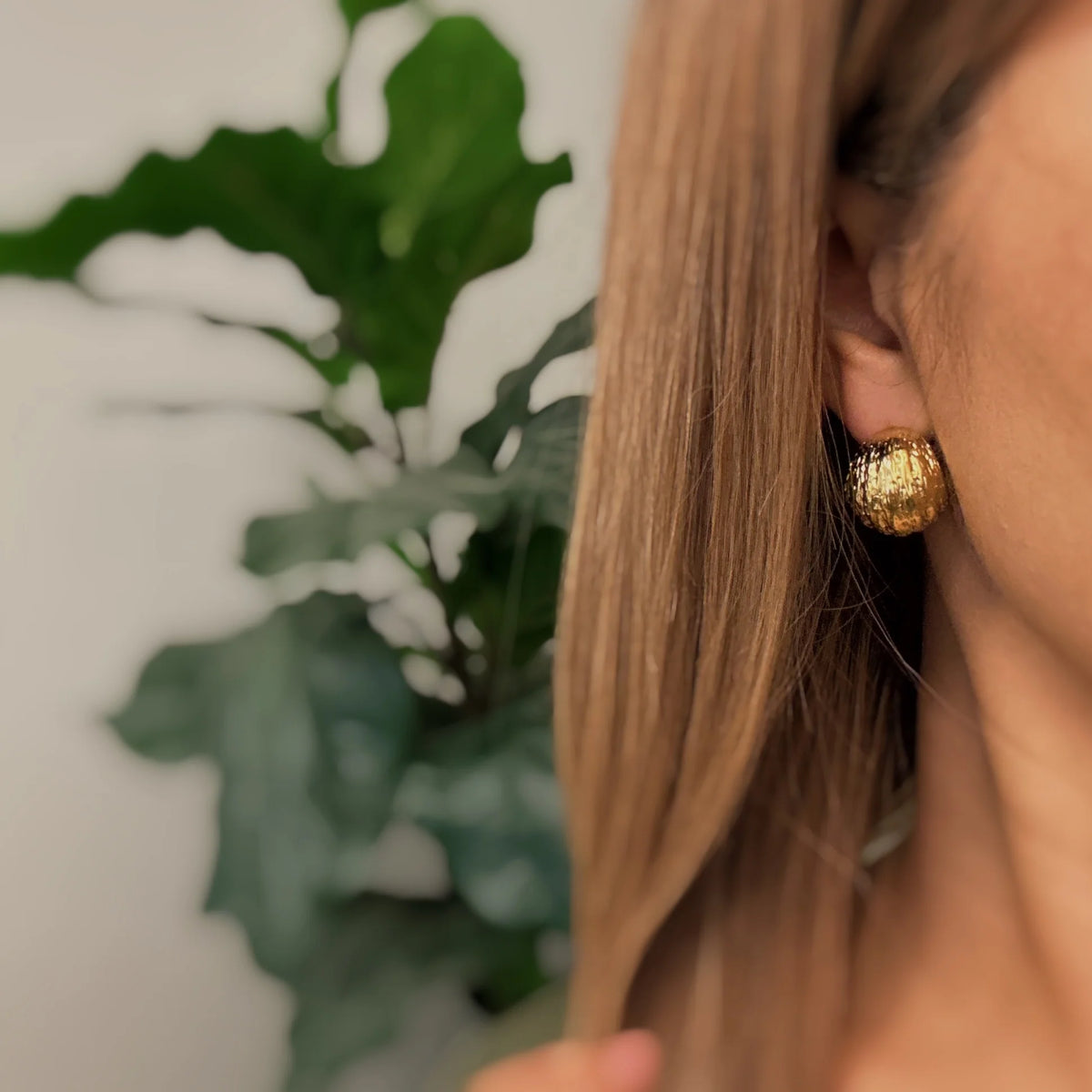Hoop Earrings – Textured Half Ball, 18K Gold Plated – image 5