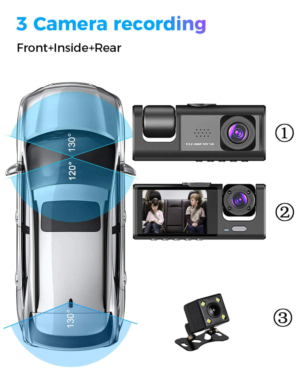 Dual-Lens Car Dash Cam 1080P, Front and Inside, G-Sensor