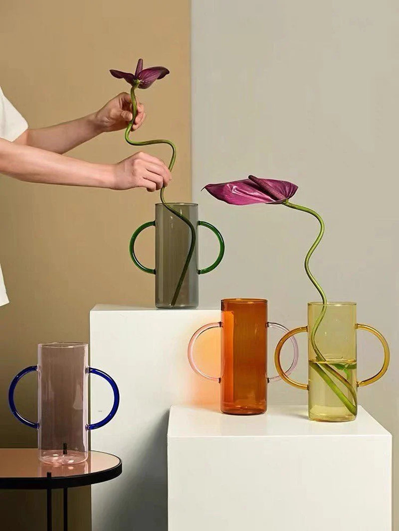 Dual Handle Colored Glass Flower Vase