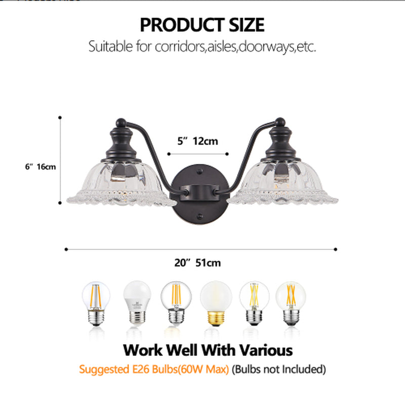 Vintage 2-Light Black Bathroom Wall Sconce with Glass 20 Inch