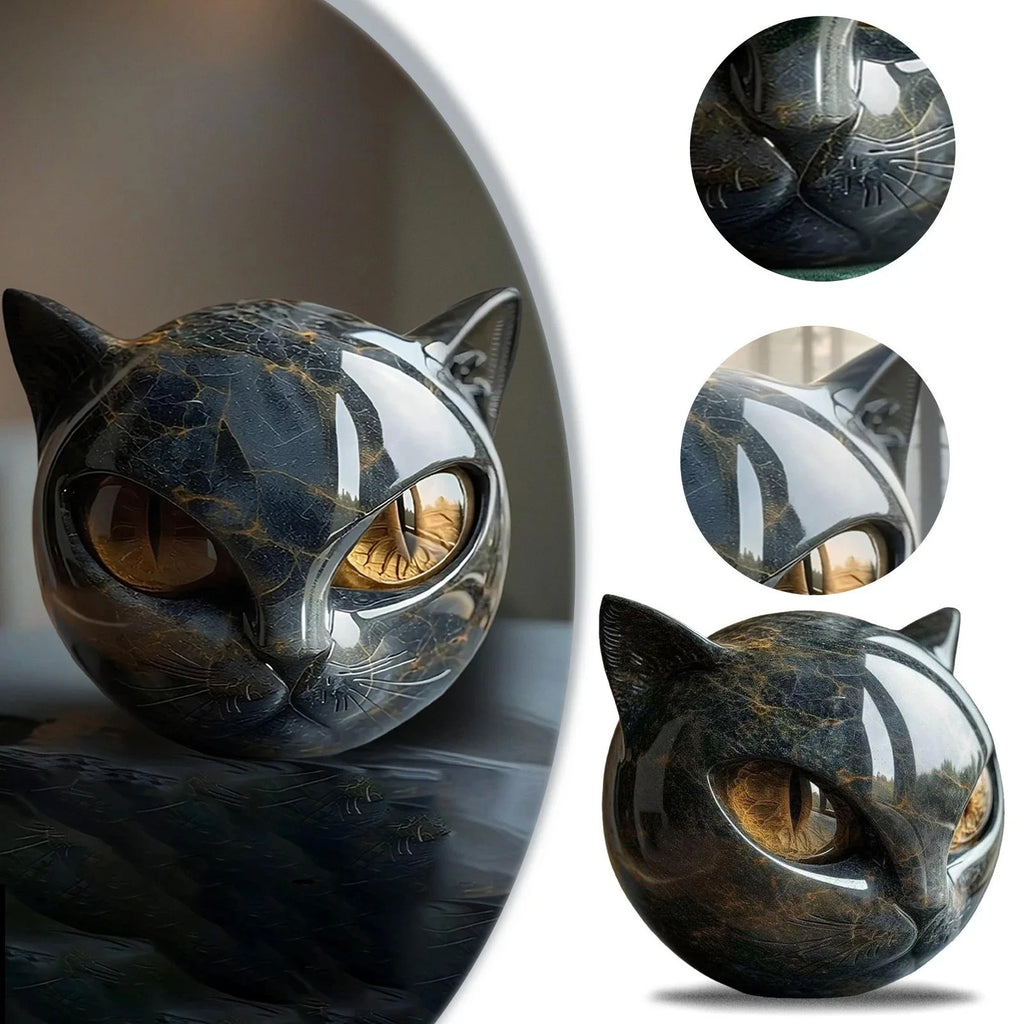 Black Cat Head Figurine - Marble-Texture Resin Desk Decor – image 6