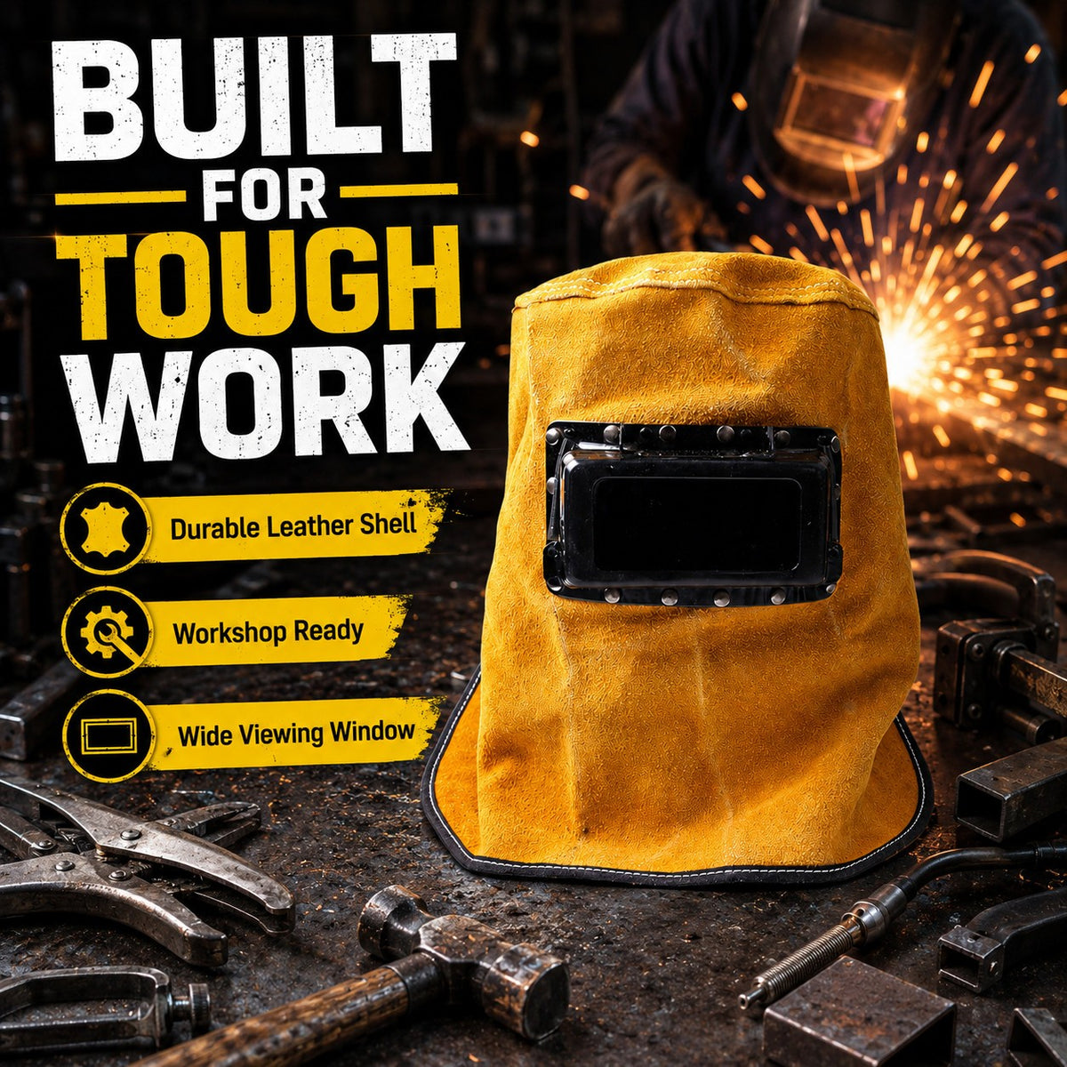 Leather Welding Hood with Lens, Sweat-Absorbent Welder Cap