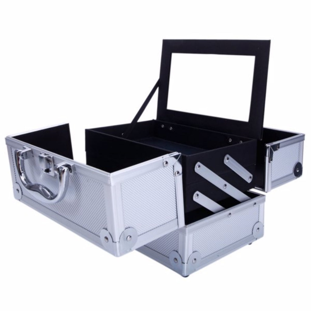 Aluminum Makeup Train Case with Mirror and Fold-Out Trays, Silver – image 4