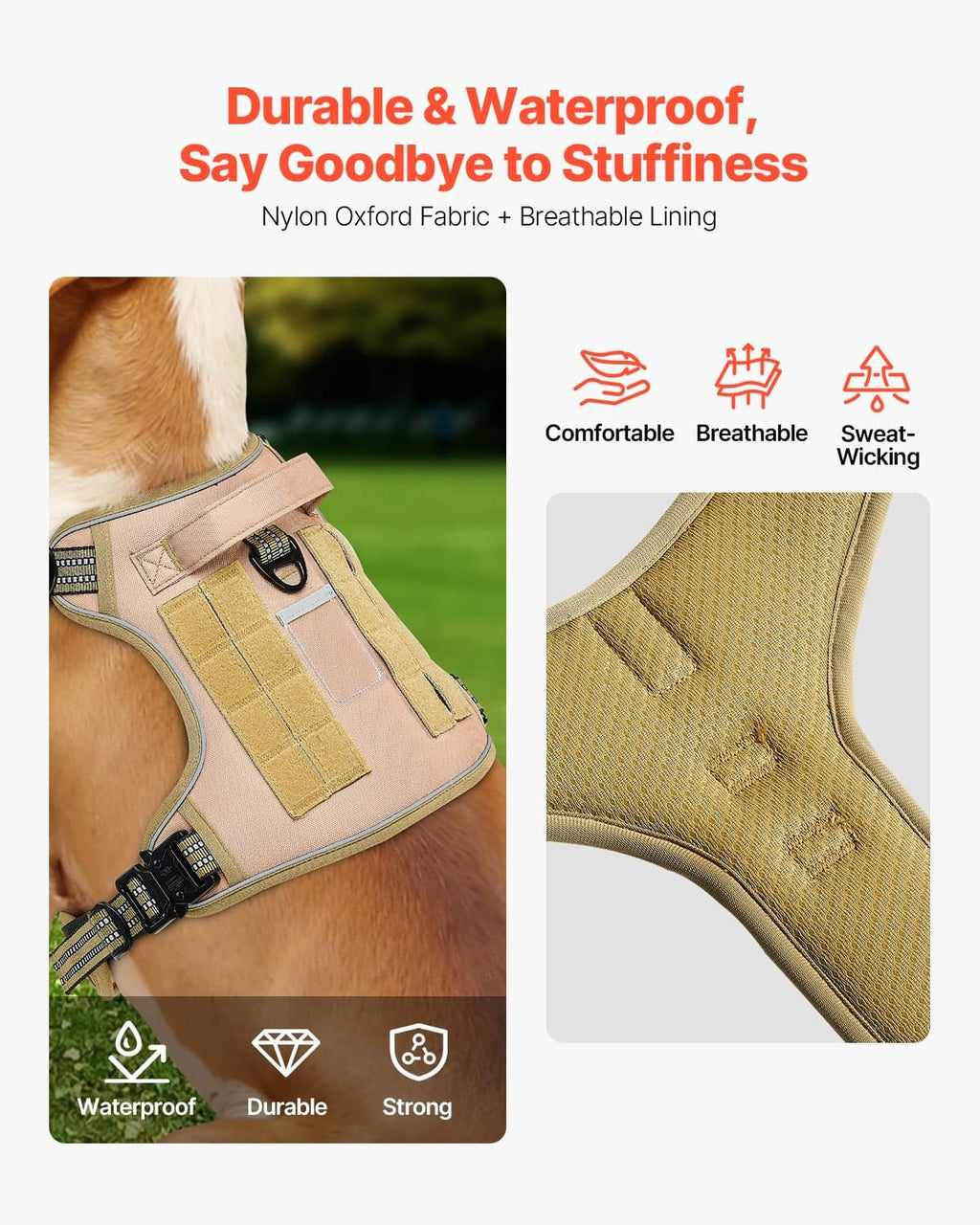 Tactical Dog Harness for Large Dogs, No-Pull Adjustable Vest, Khaki – image 9