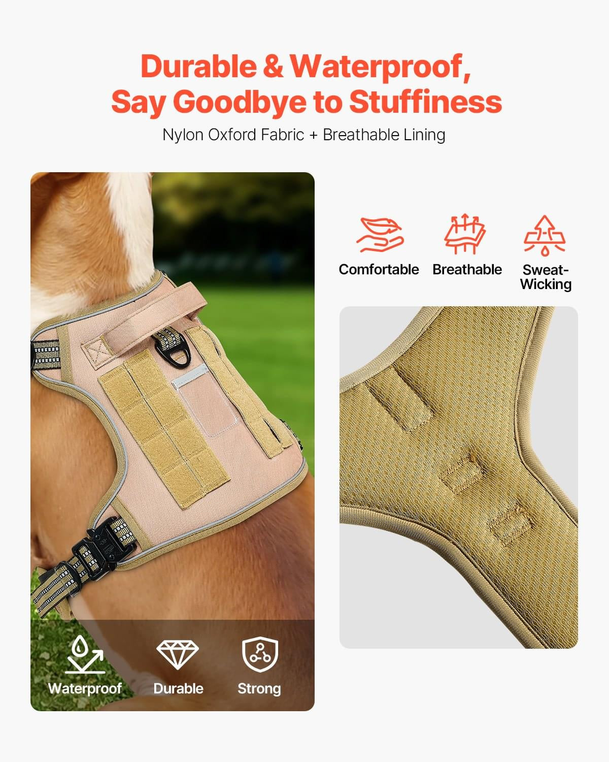 Tactical Dog Harness for Large Dogs, No-Pull Adjustable Vest, Khaki – image 9