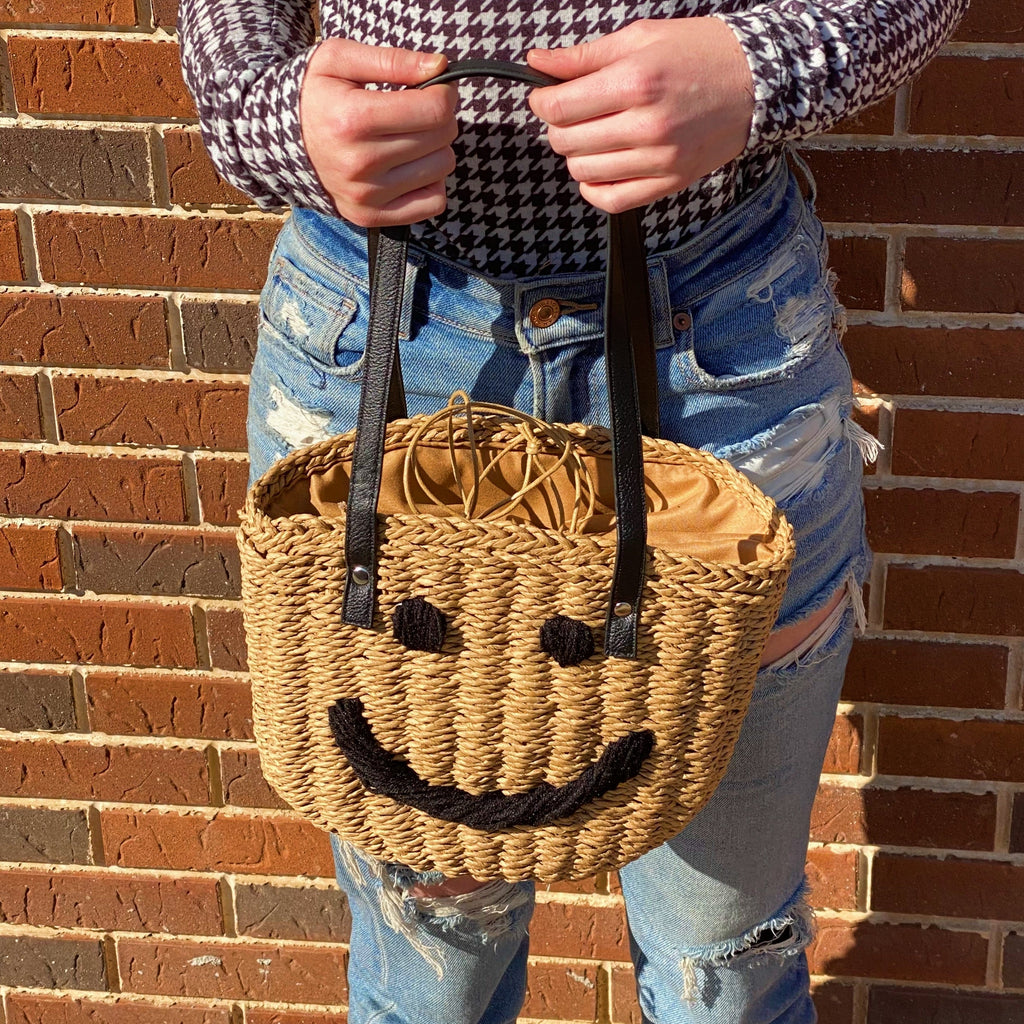 Smiley Face Woven Bucket Bag – Drawstring Shoulder Bag – image 3