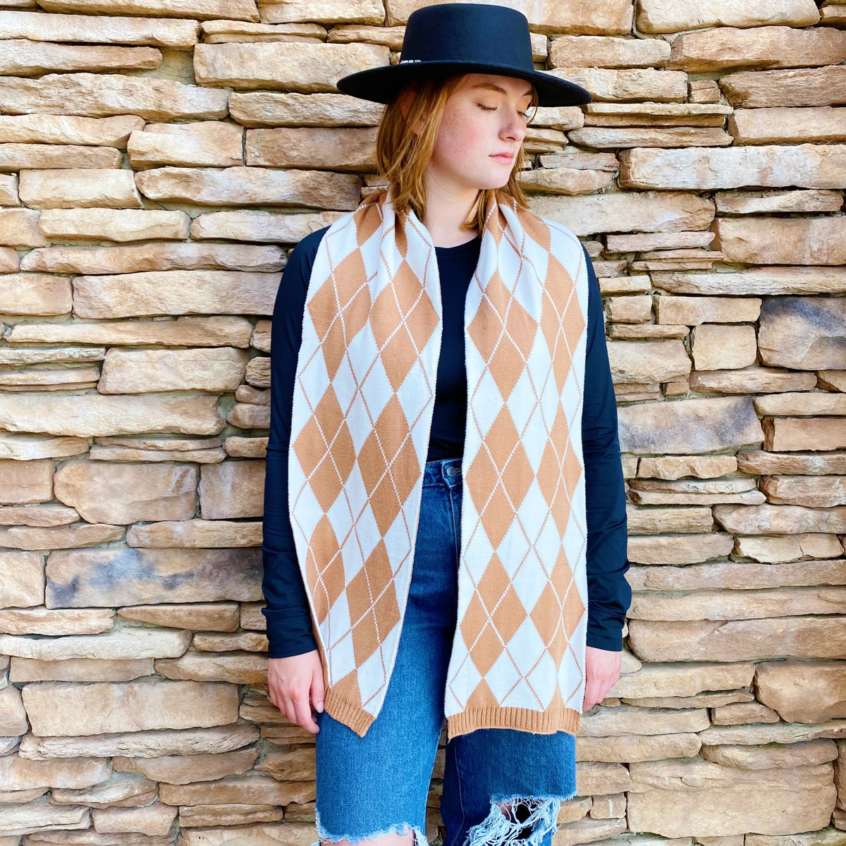 Argyle Knit Scarf – Patterned Fall Scarf, 10 x 64 in – image 7