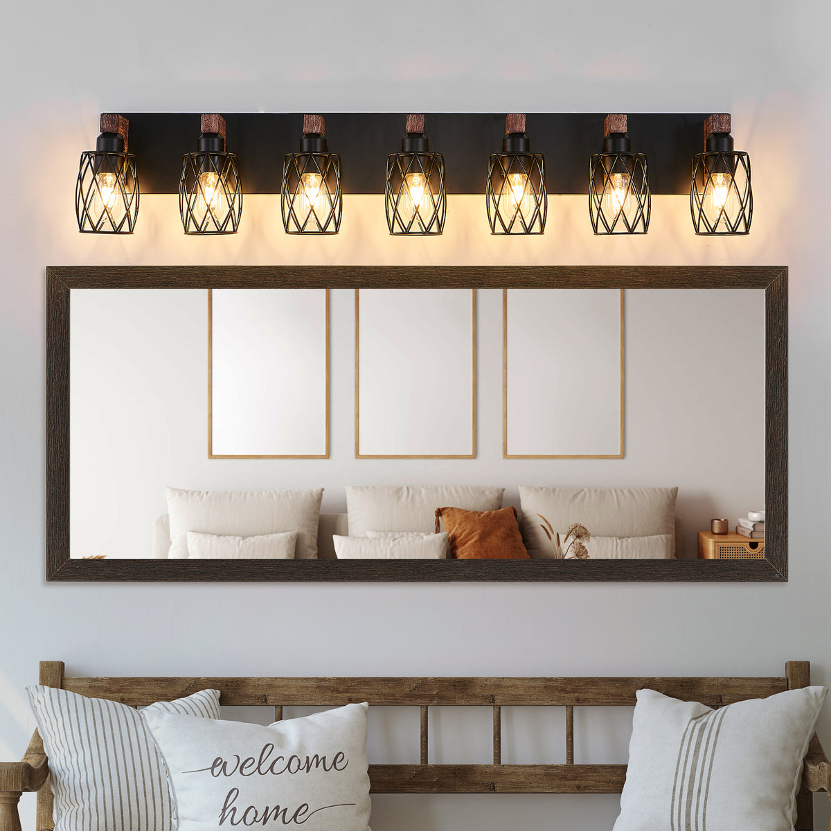 44 Inch Industrial 7-Light Cage Vanity Light Bar, Black & Walnut
