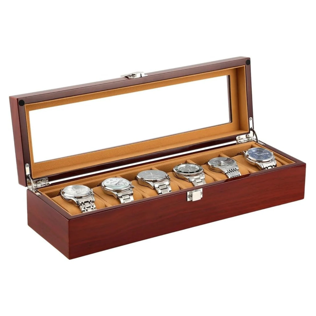 Wooden Watch Box 6-Slot, Glass Top Display Case Organizer – image 5