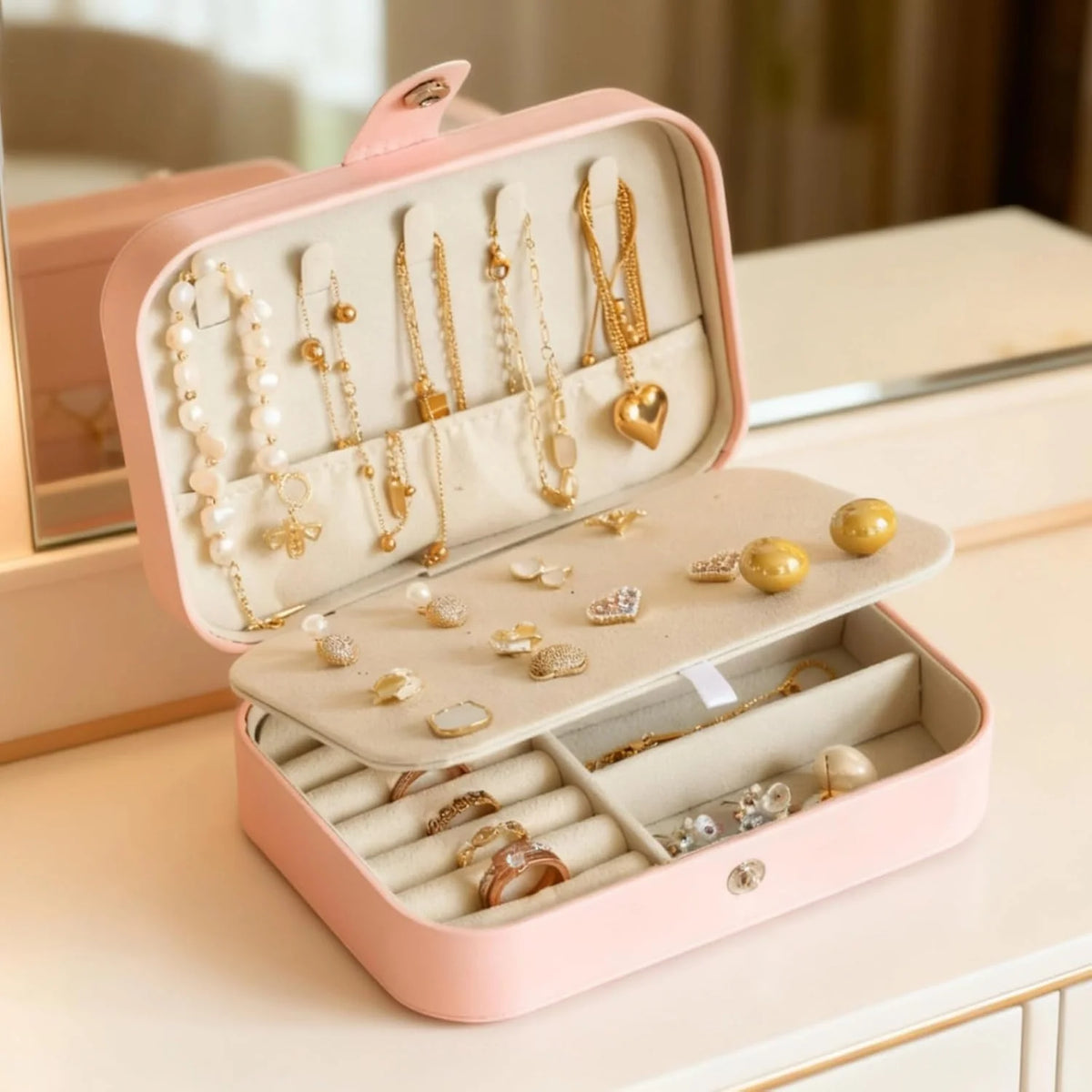 Double Layer Travel Jewelry Box – Pink Leather Organizer – image 5