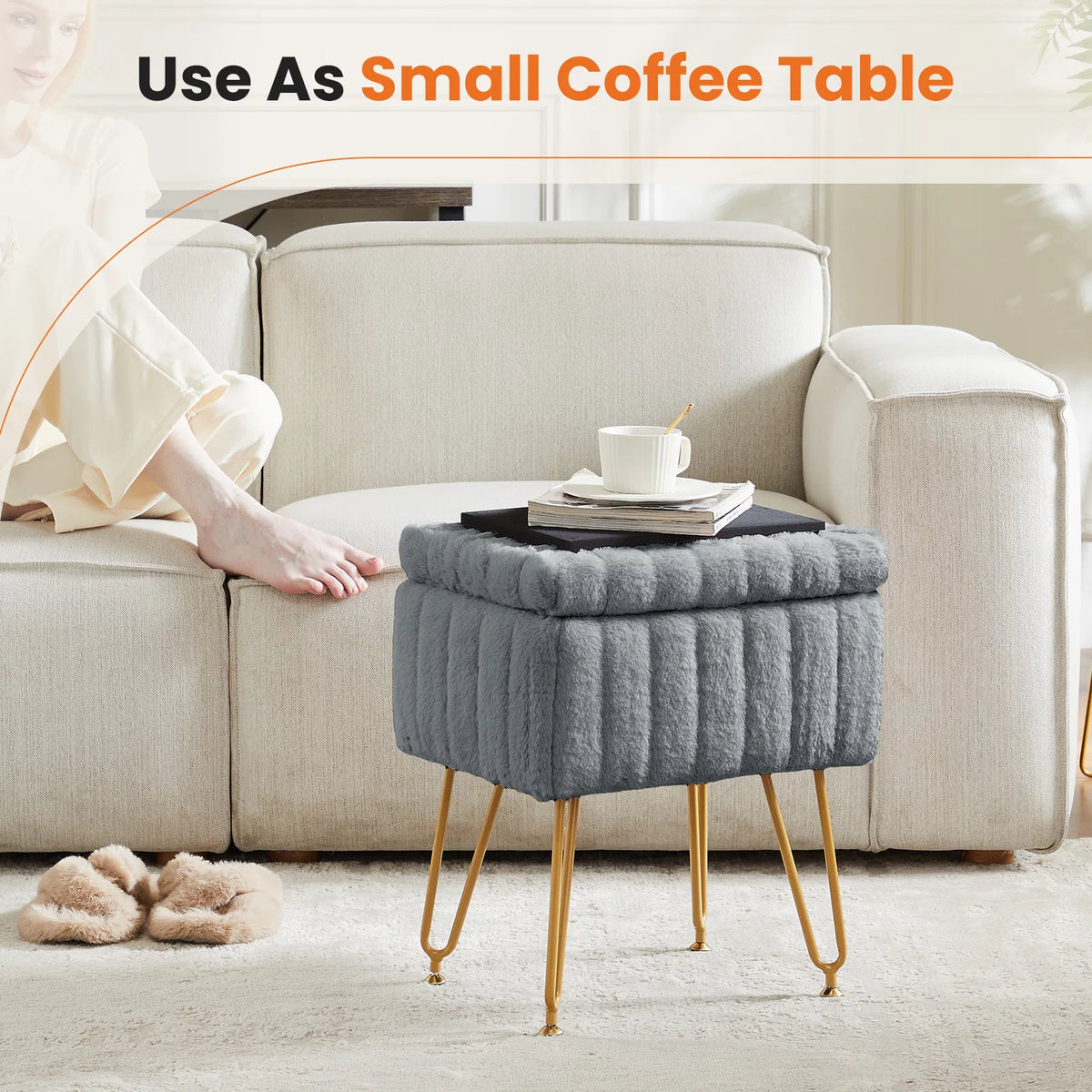 Faux Fur Vanity Stool with Hidden Storage and Gold Metal Legs – image 4