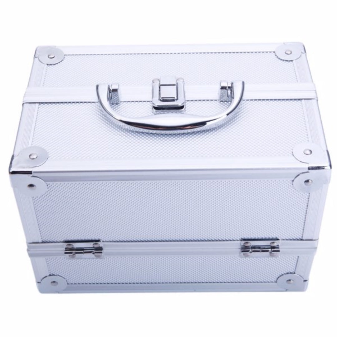 Aluminum Makeup Train Case with Mirror and Fold-Out Trays, Silver – image 12