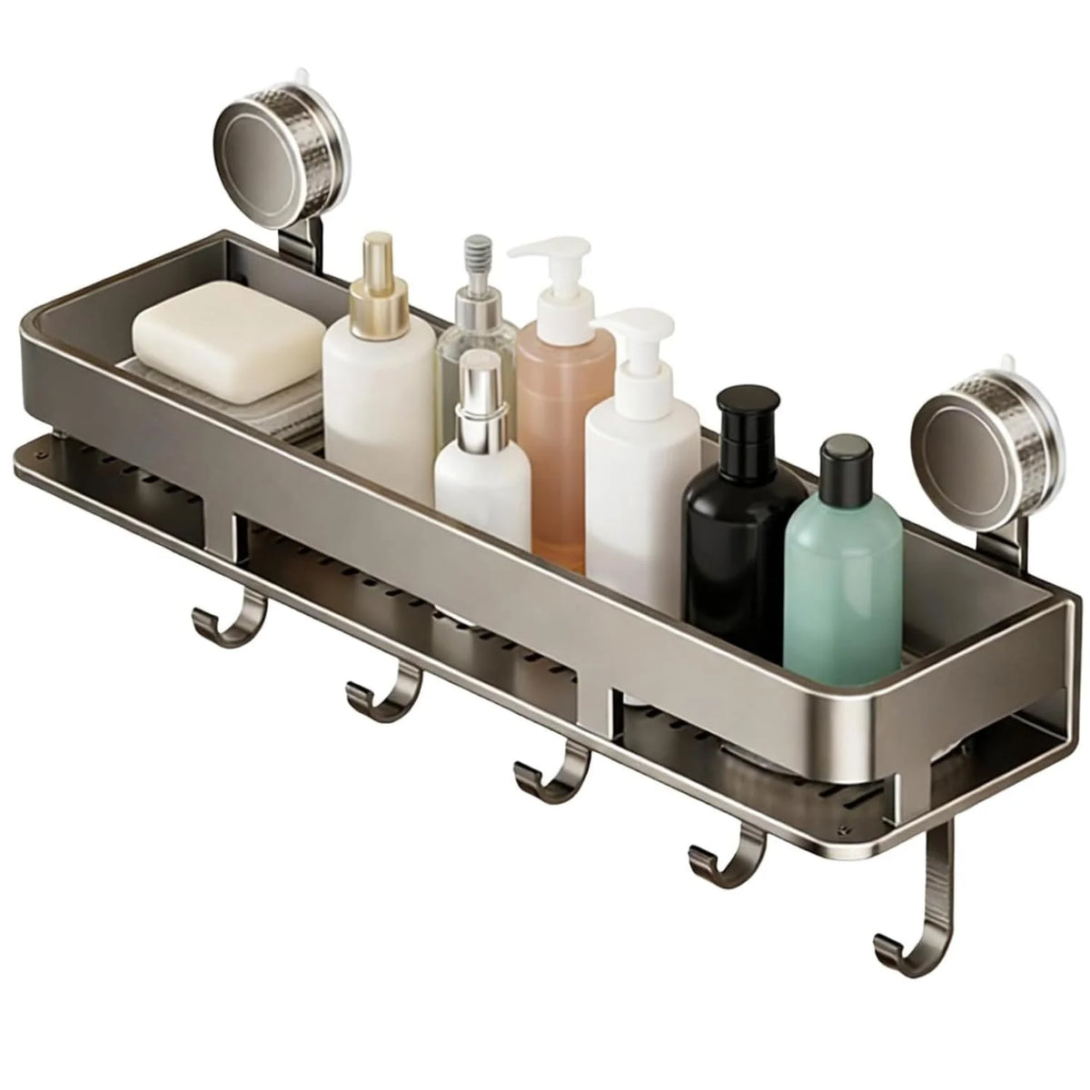 Suction Cup Shower Shelf – 21 in Wall Caddy with 5 Hooks