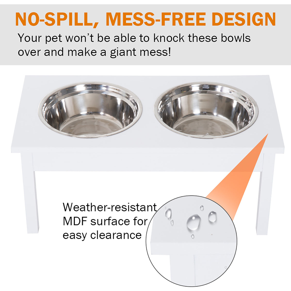 23" Wooden Elevated Dog Bowl Stand with 2 Stainless Bowls, White – image 4