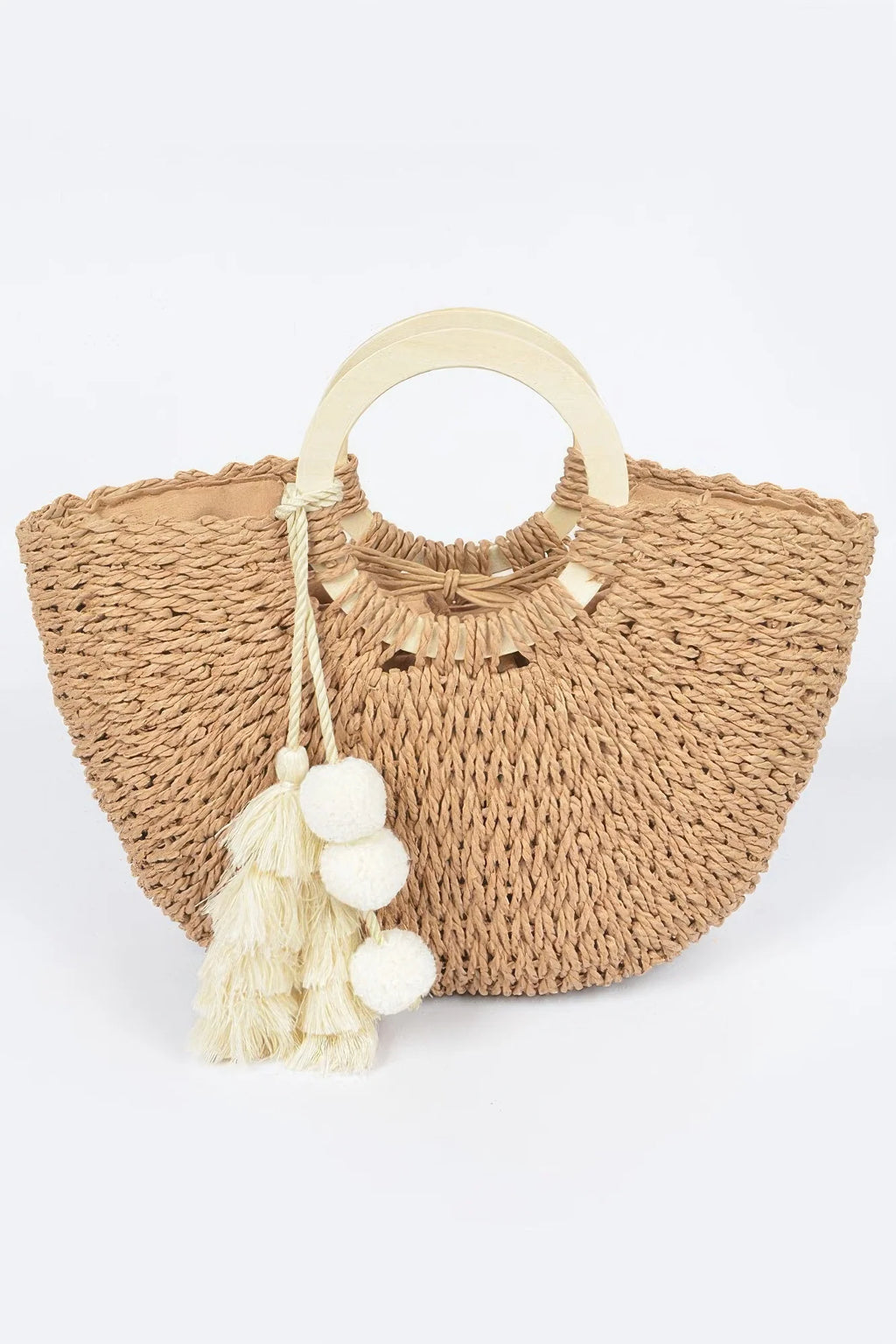 Woven Wood Handle Tote Bag with Tassels, Khaki – image 1