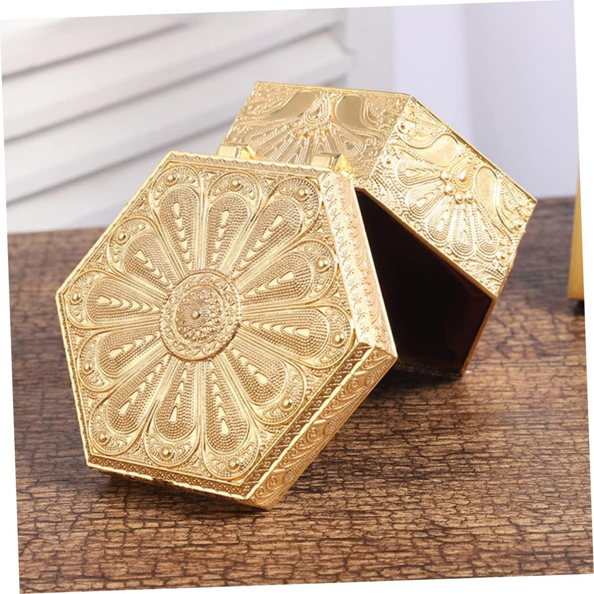 Hexagon Jewelry Box – Vintage Gold Zinc Alloy Trinket Case – image 4