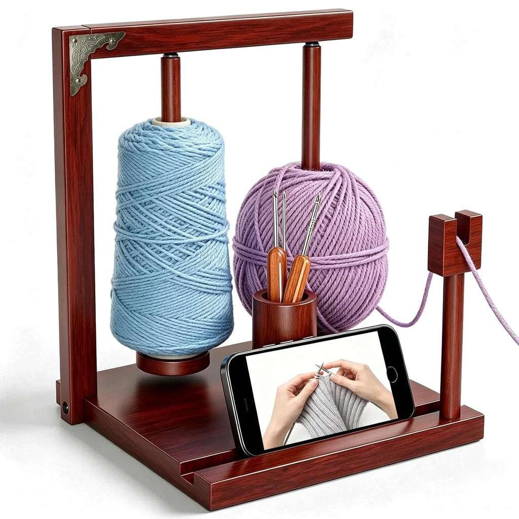 Wooden Yarn Holder with Double Magnetic Spindles for Crocheting