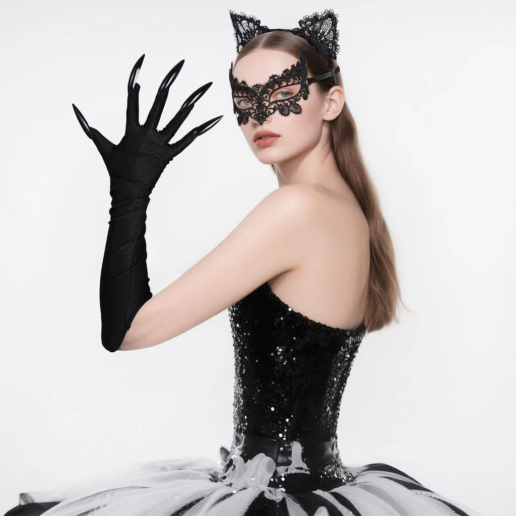 Black Cat Costume Accessories Set with Ears, Lace Mask, Claw Gloves – image 6