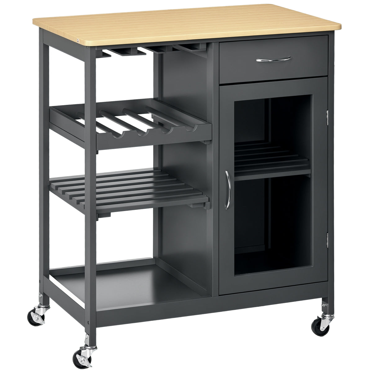Bar Cart with Wine Rack and Stemware Holder, Rolling, Gray