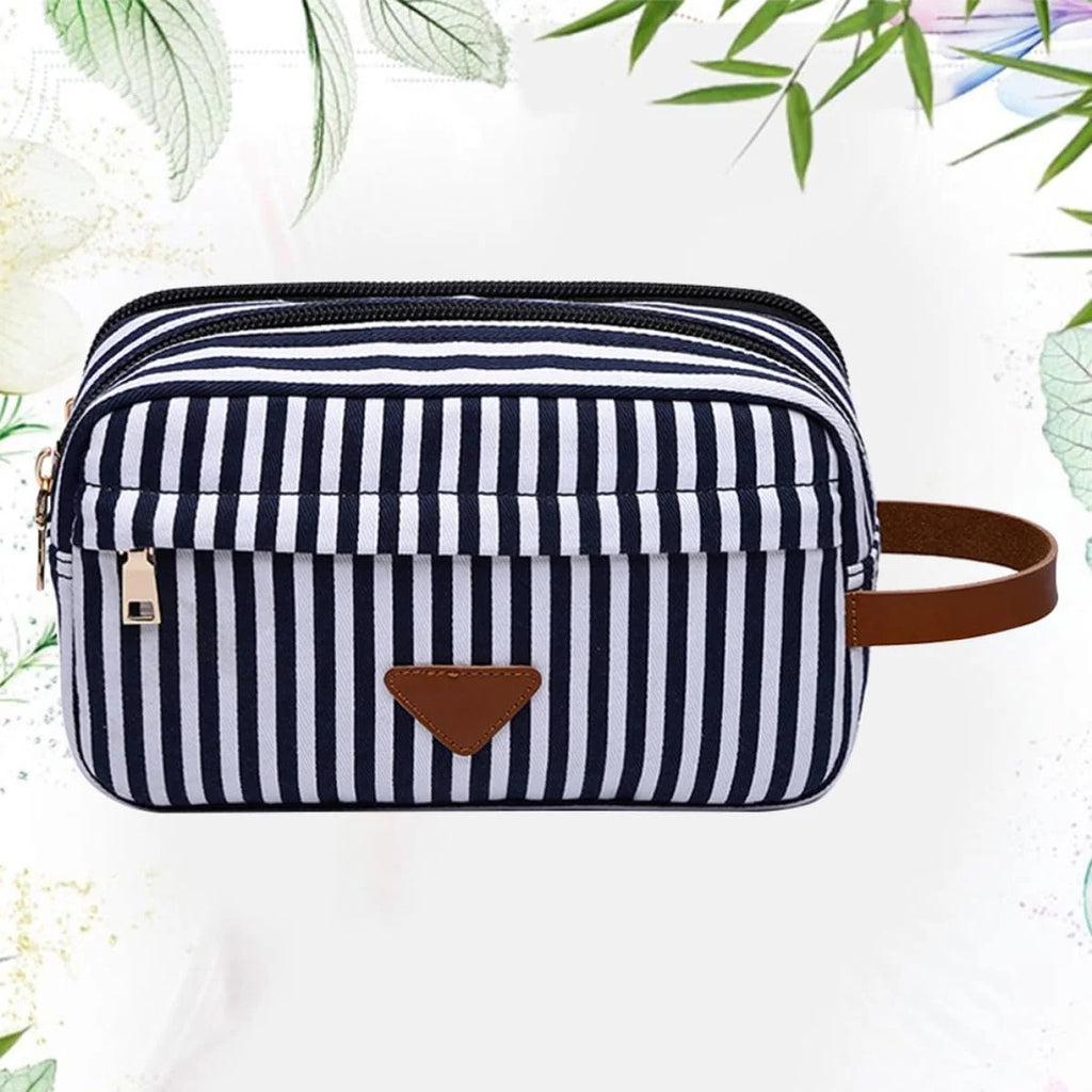 Canvas Makeup Bag – Blue Stripe Zippered Cosmetic Pouch – image 4